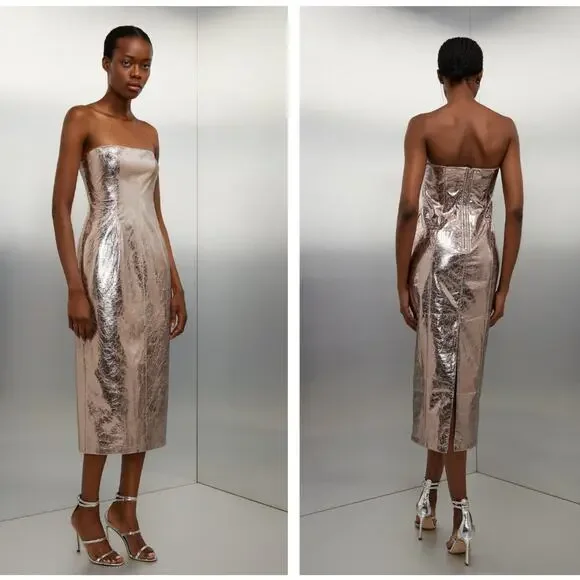 KAREN MILLEN Metallic Faux Leather Bandeau Midi Dress Pewter Sz 2 NWT $199 {N34} KAREN MILLEN Metallic Faux Leather Bandeau Midi Dress Pewter Sz 2 NWT $199 {N34}